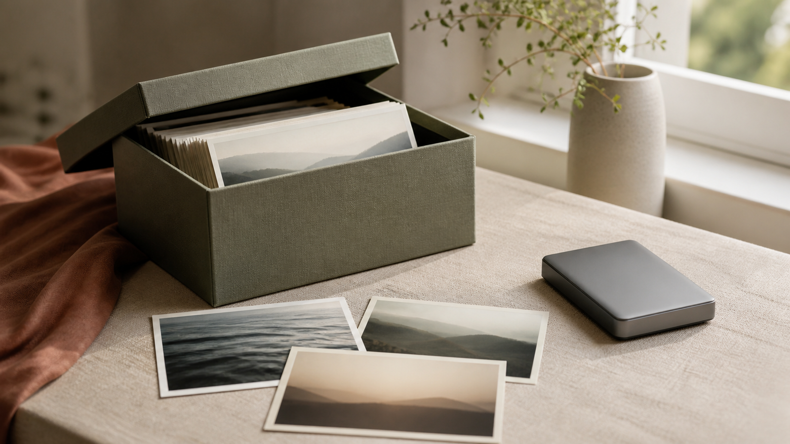 Illustration éditoriale d’une boîte d’archives contenant des tirages photo abstraits et une sauvegarde