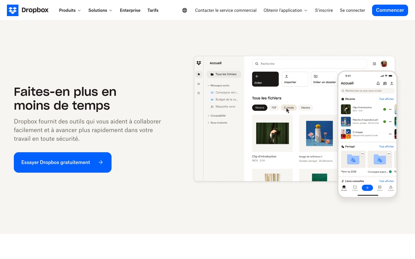 Page d'accueil de Dropbox
