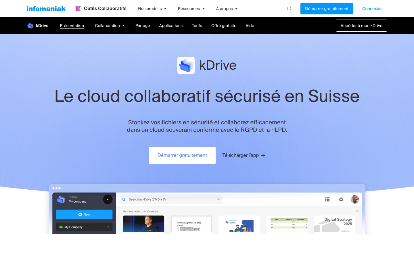 Page d'accueil de kDrive