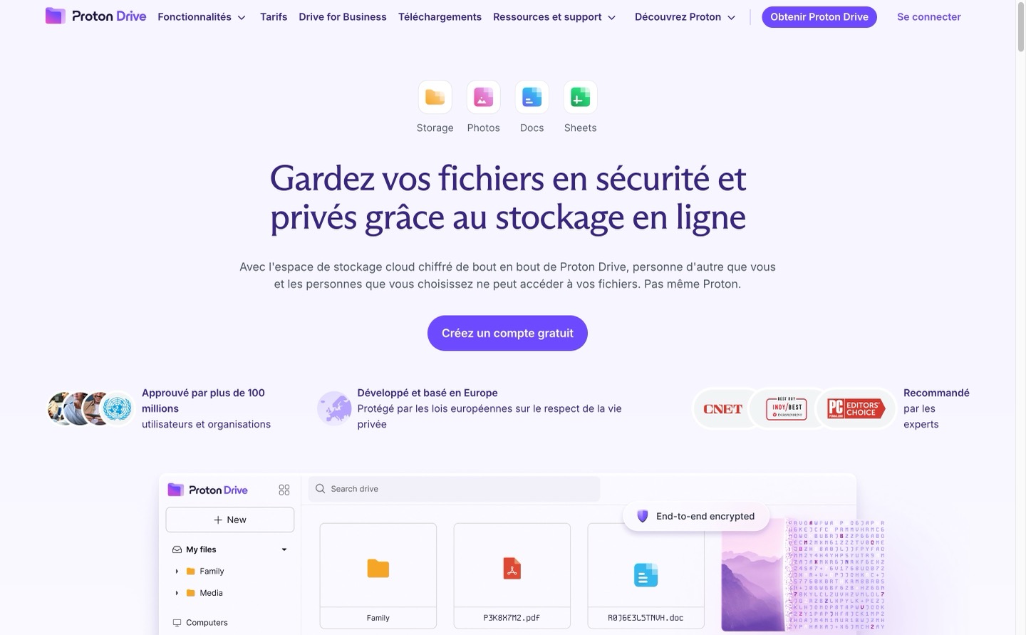 Page d'accueil de Proton Drive