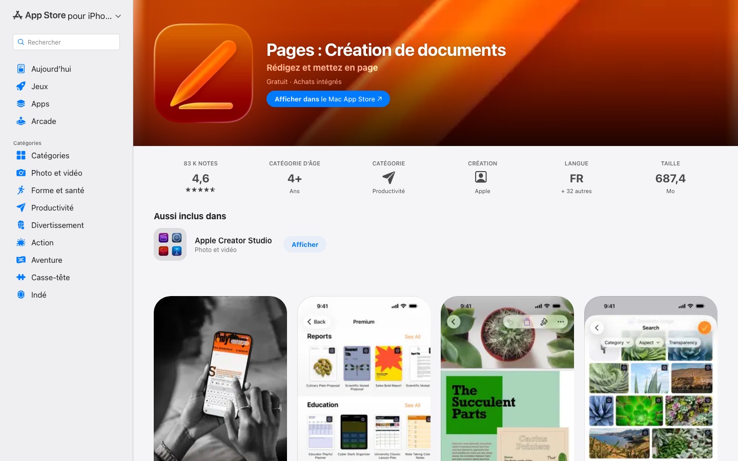 Fiche App Store d'Apple Pages