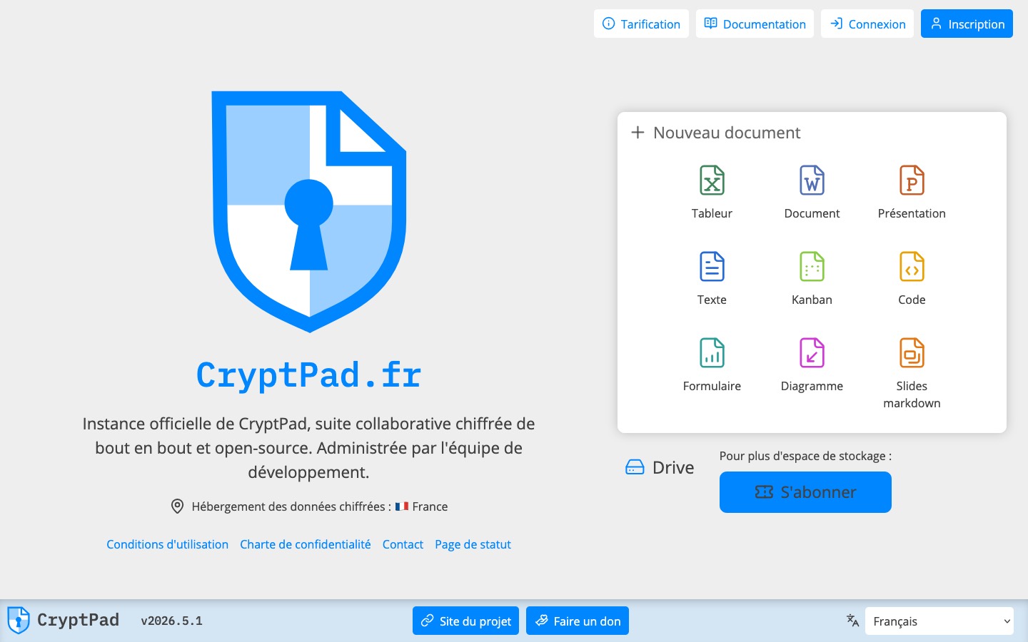 Page d'accueil de CryptPad.fr et ses types de documents