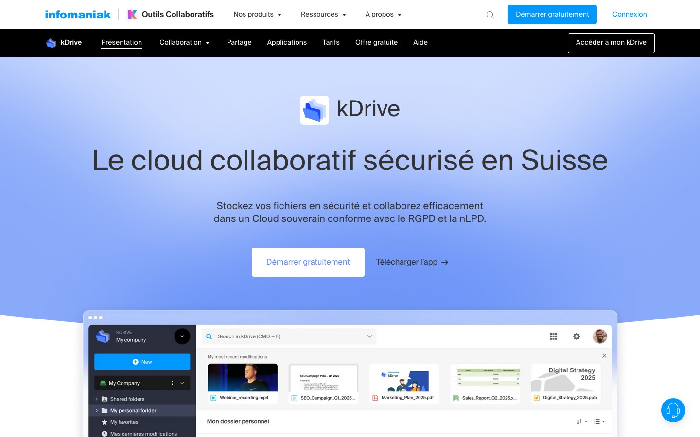 Page d'accueil de kDrive, le cloud collaboratif d'Infomaniak
