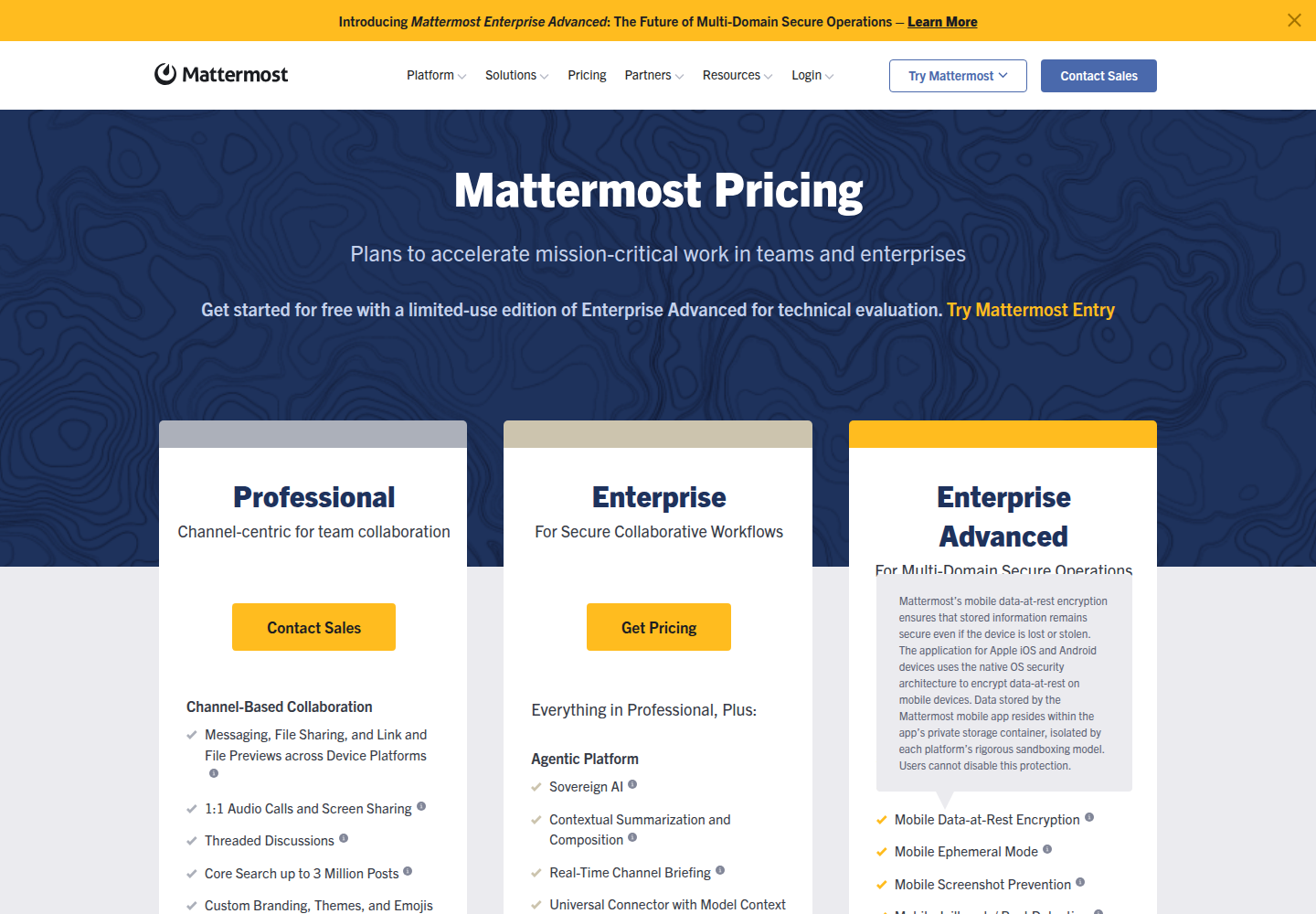 Capture officielle de la page tarifaire Mattermost présentant les offres cloud et entreprise