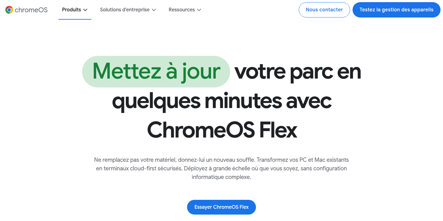 Page officielle de ChromeOS Flex, capturée en août 2026