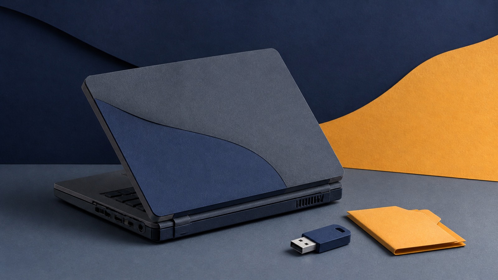 Illustration d’un ordinateur portable ancien, d’une clé USB et de dossiers posés sur un bureau