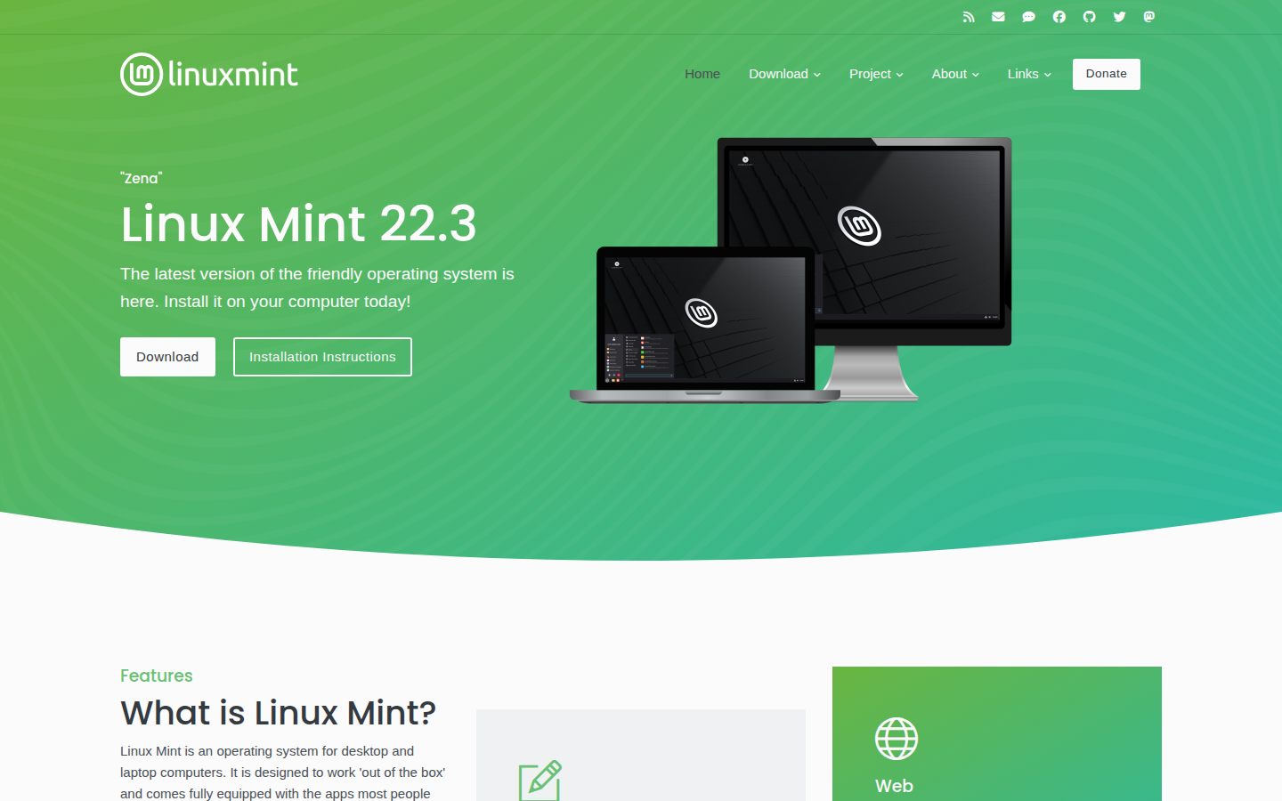 Page d’accueil officielle de Linux Mint, capturée en août 2026