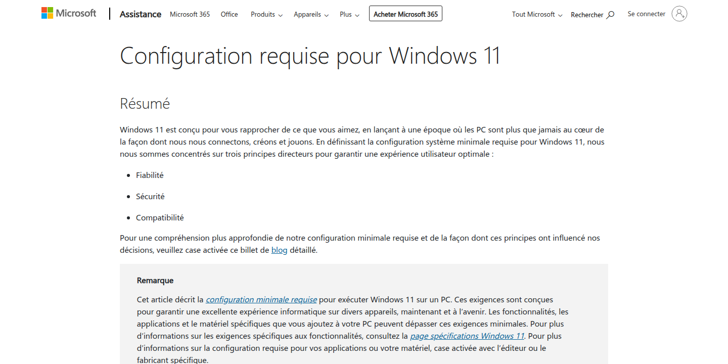 Page Microsoft Support sur la configuration requise pour Windows 11, capturée en août 2026