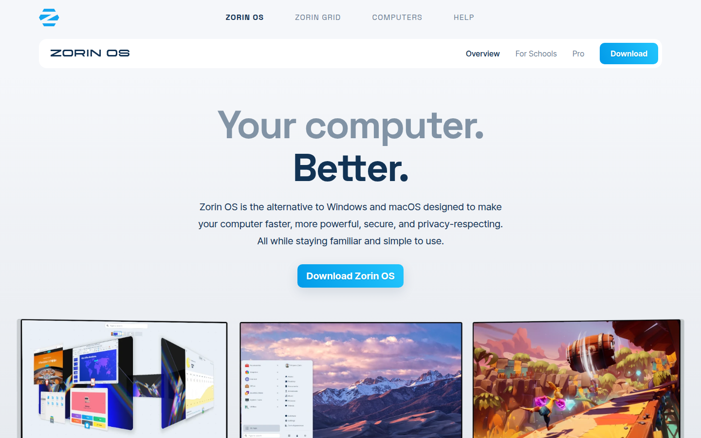Page officielle de Zorin OS, capturée en août 2026