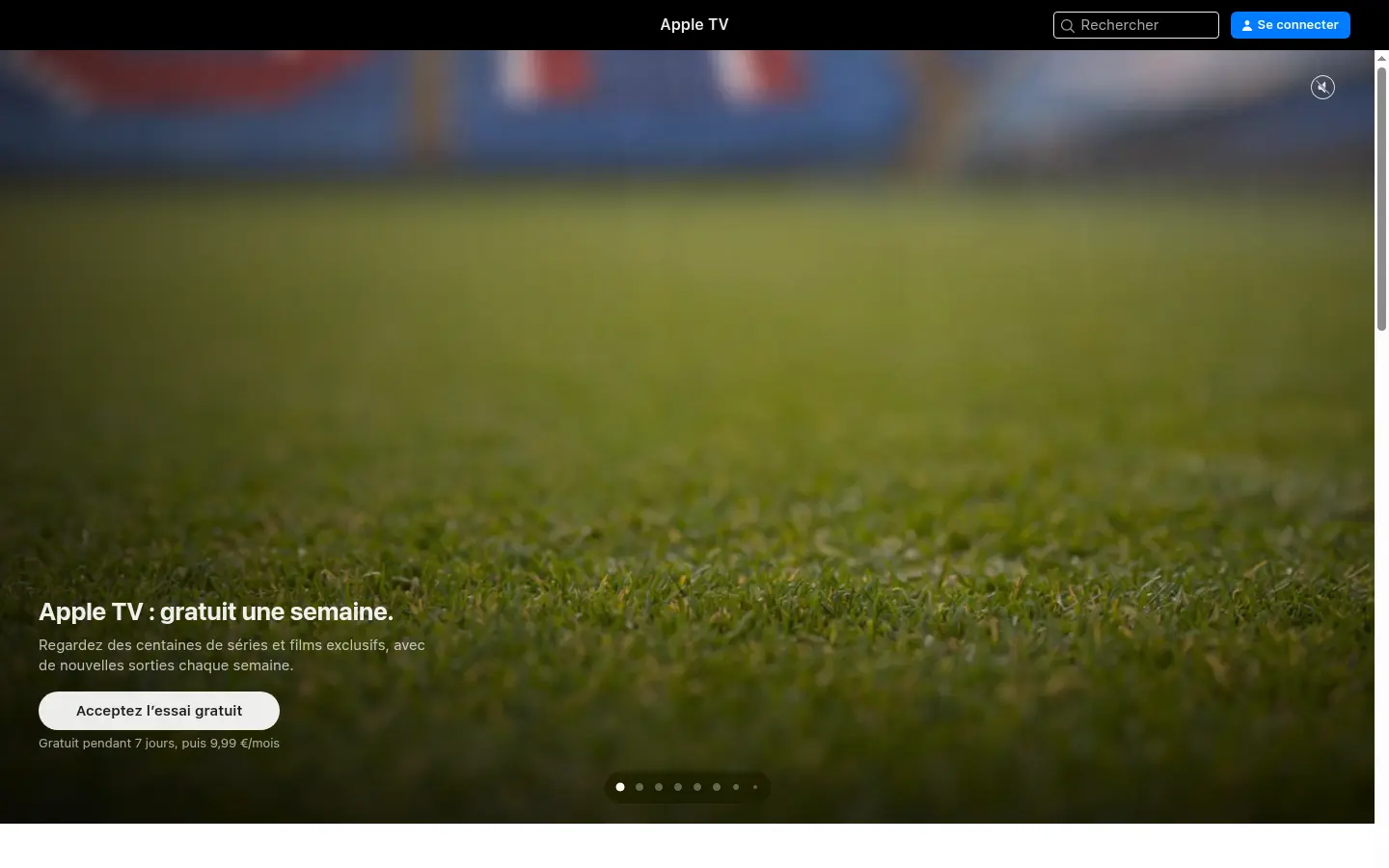 Page d'accueil publique d'Apple TV avec séries et films en vedette, capturée en août 2026