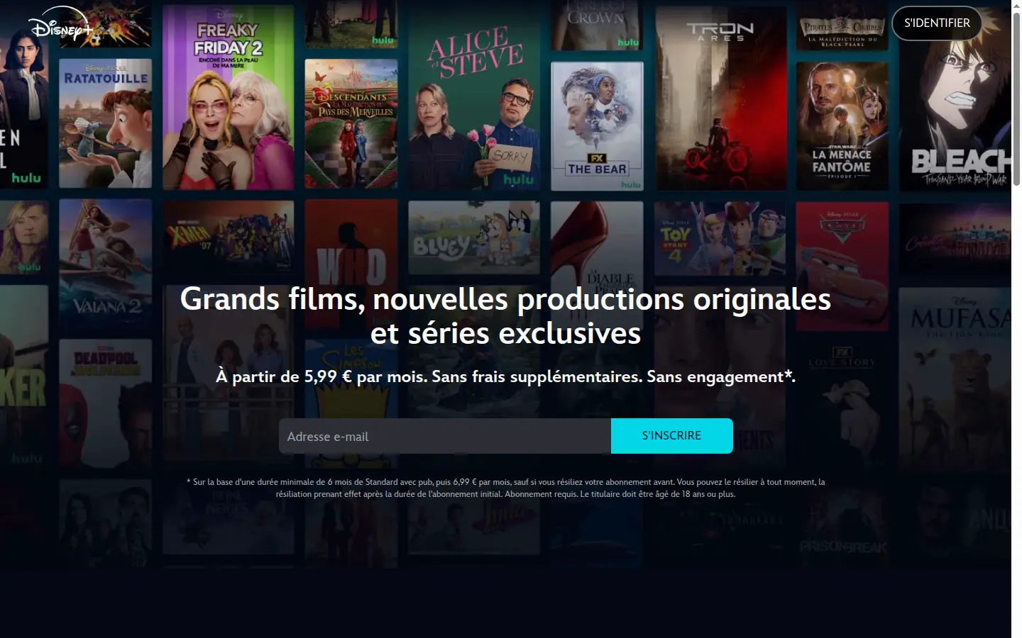 Page d'accueil publique de Disney+, avec une sélection de programmes et l'offre d'abonnement, capturée en août 2026