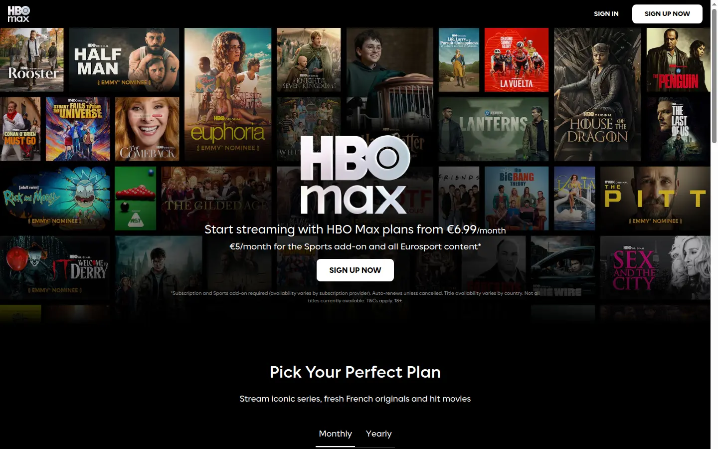 Page d'accueil publique de HBO Max, avec les formules Basic, Standard et Premium, capturée en août 2026