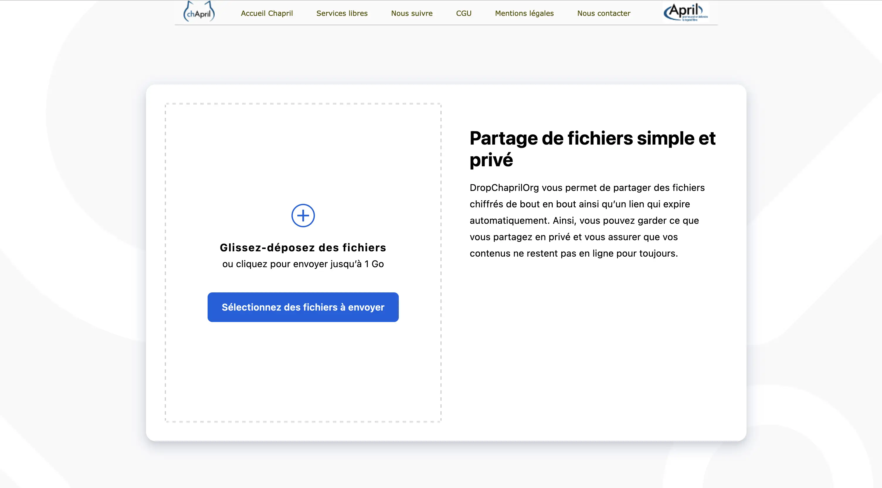 Page d'accueil de drop.chapril.org