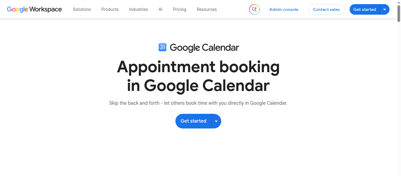 Capture officielle de la page Google Workspace présentant la réservation de rendez-vous dans Google Calendar
