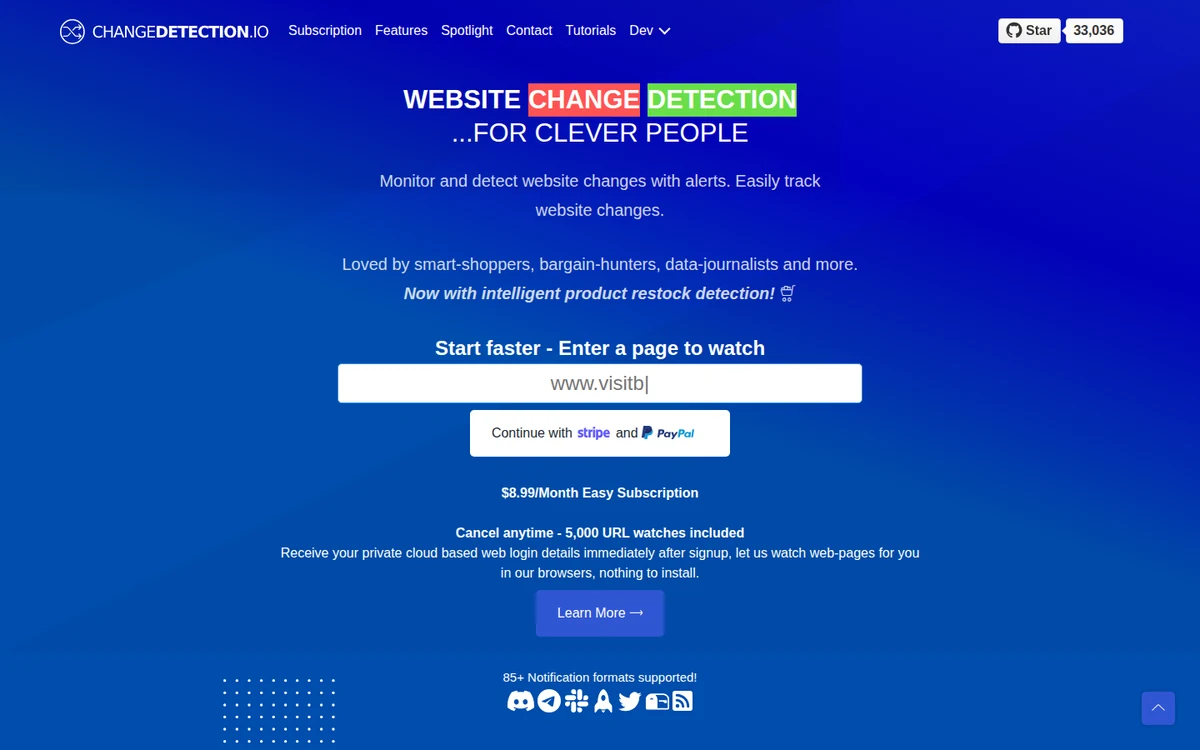Page d’accueil de changedetection.io, consultée en août 2026