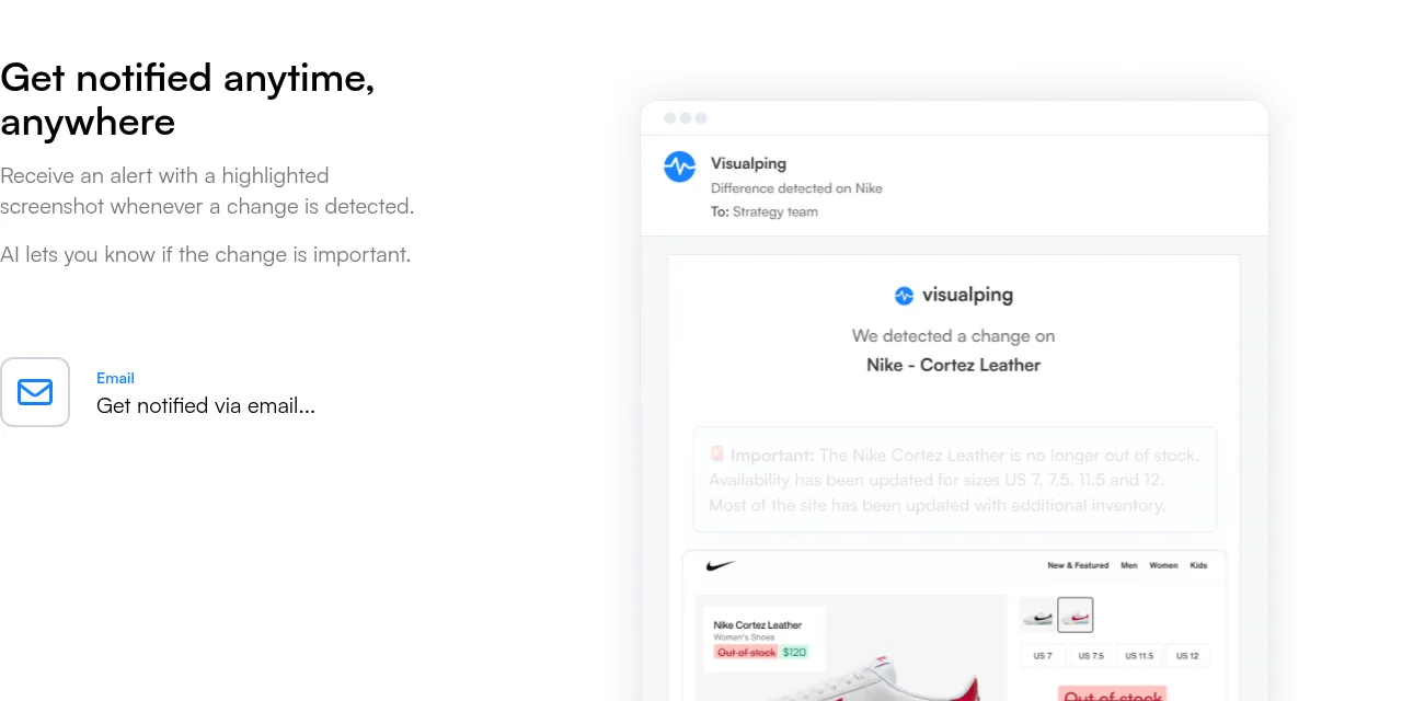 Aperçu officiel Visualping d’une alerte par e-mail lorsqu’un produit Nike sort de rupture de stock, consulté en août 2026