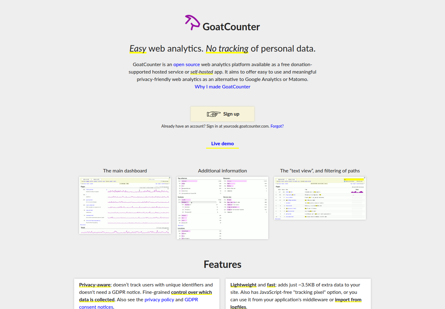 Page officielle GoatCounter présentant le tableau de bord de démonstration