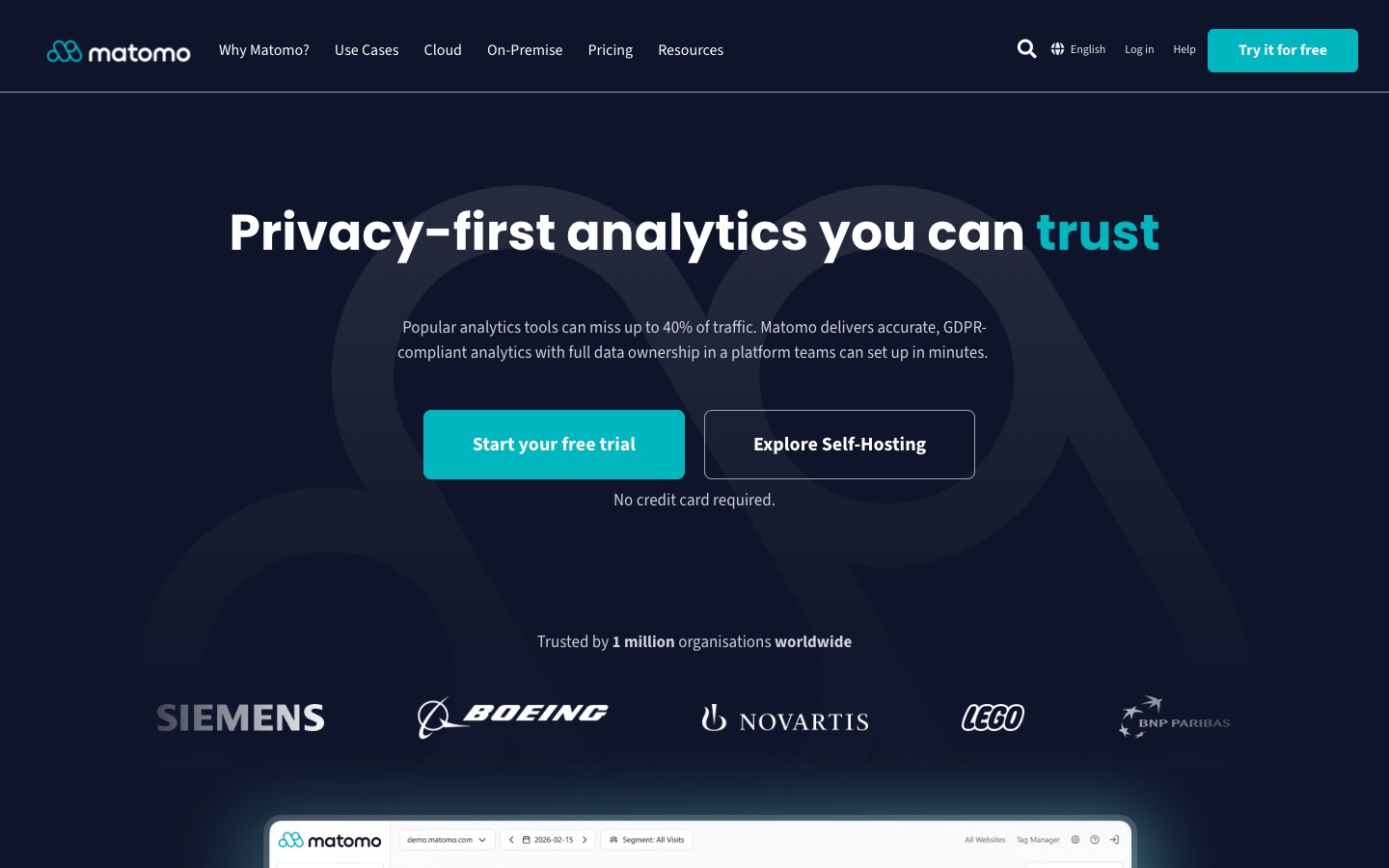 Page d’accueil de Matomo, plateforme de mesure d’audience open source