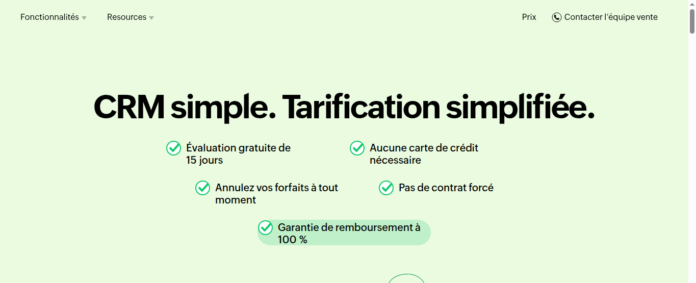 Capture officielle de la page tarifaire Bigin présentant un CRM simple et ses conditions d’essai