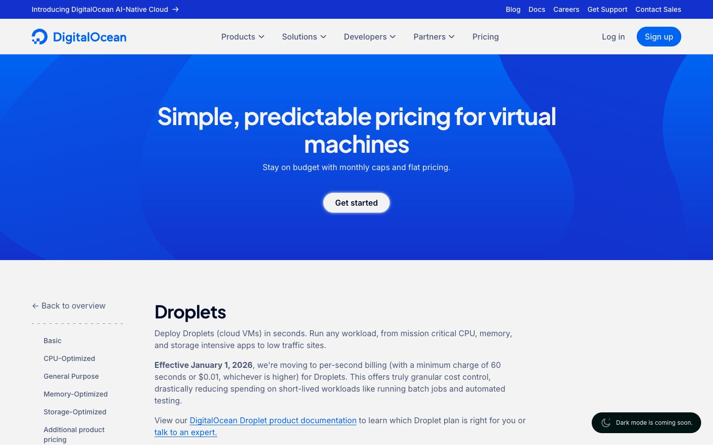 Page des Droplets DigitalOcean