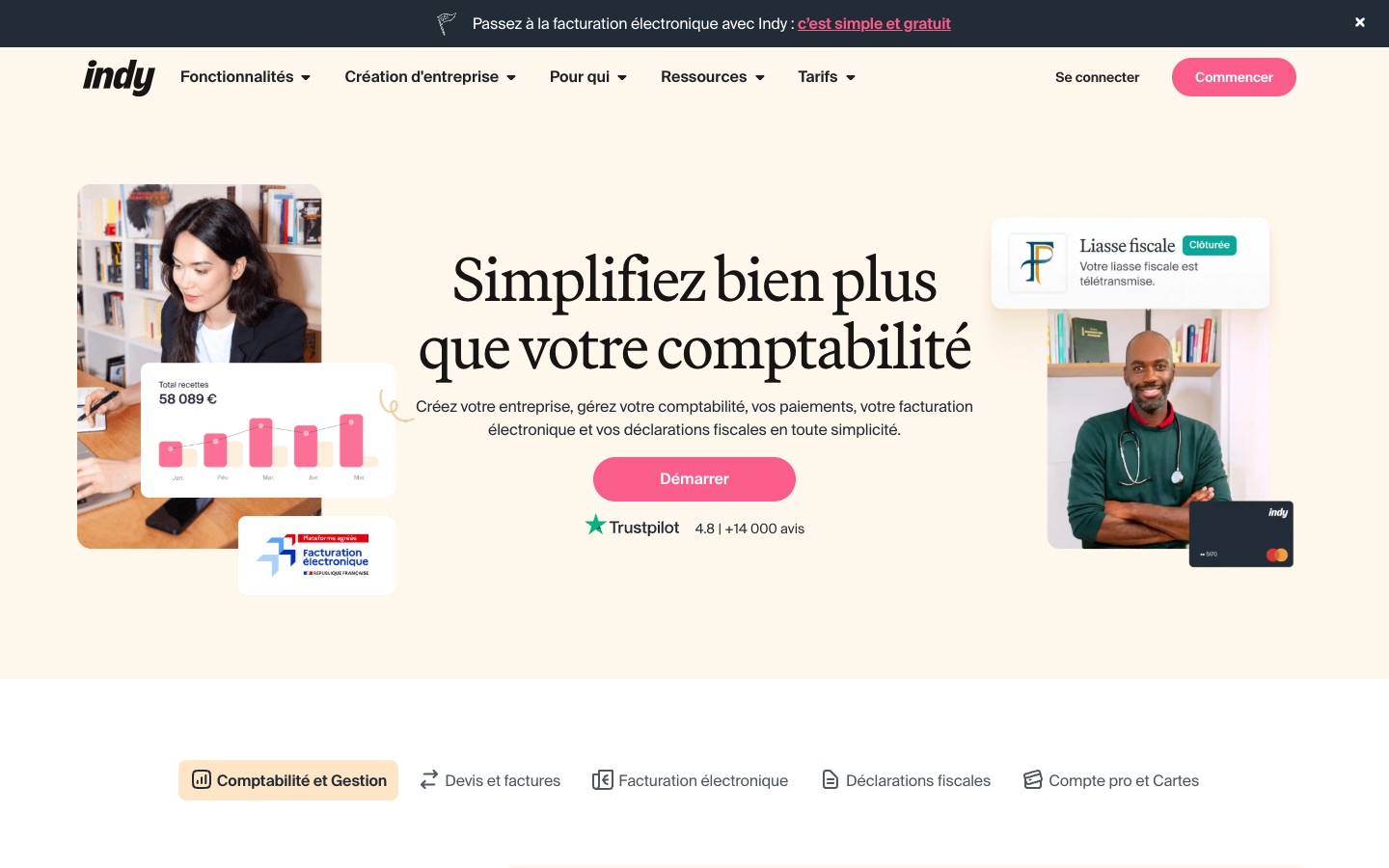 Page d’accueil d’Indy, avec le label Plateforme agréée facturation électronique