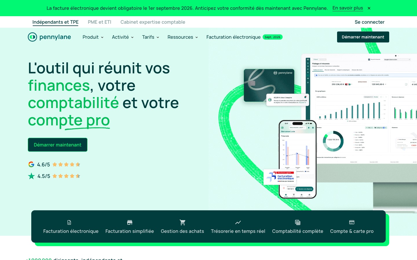 Page d’accueil de Pennylane, annonçant l’obligation de facturation électronique au 1er septembre 2026