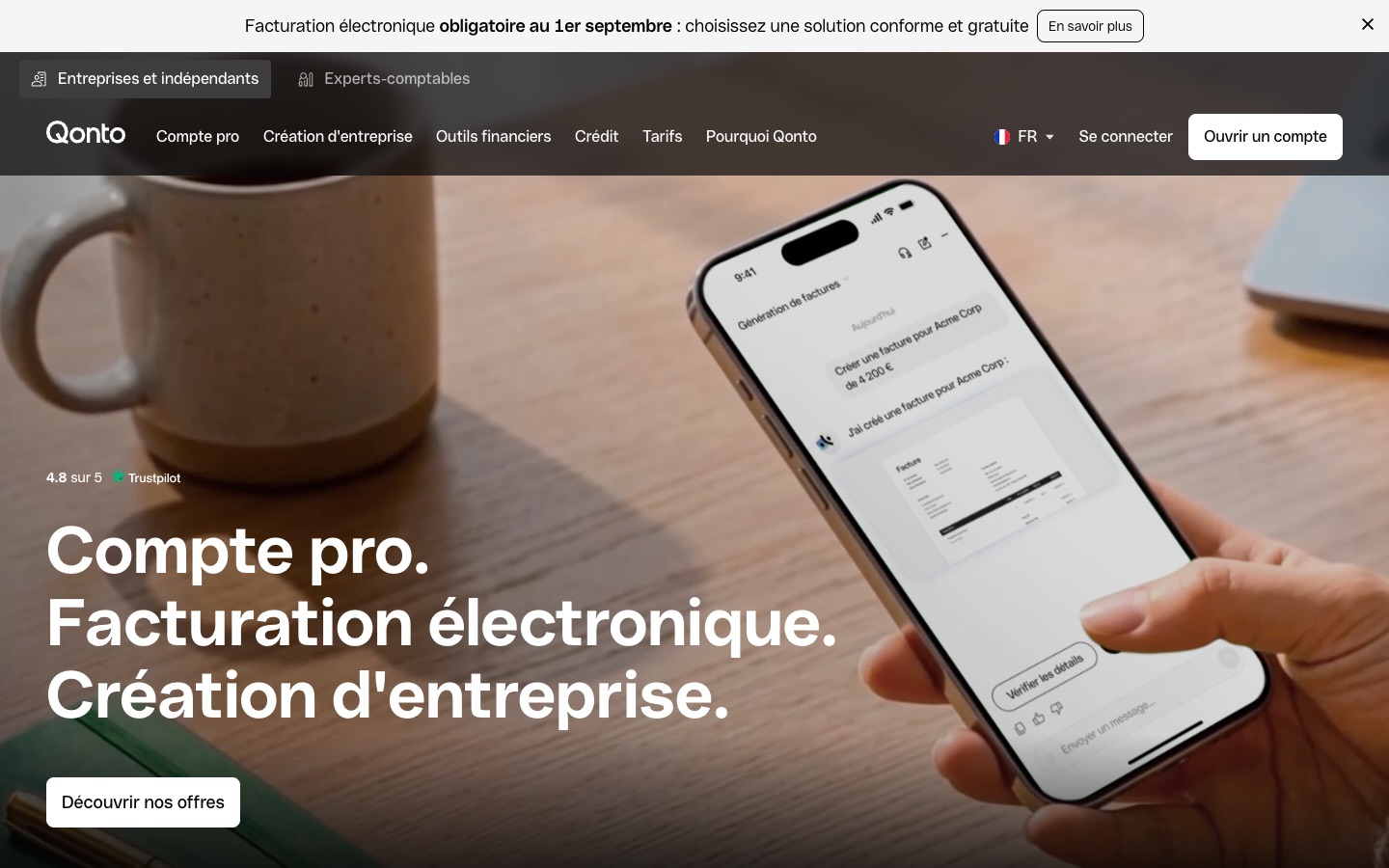 Page d’accueil de Qonto, qui met en avant compte pro, facturation électronique et création d’entreprise