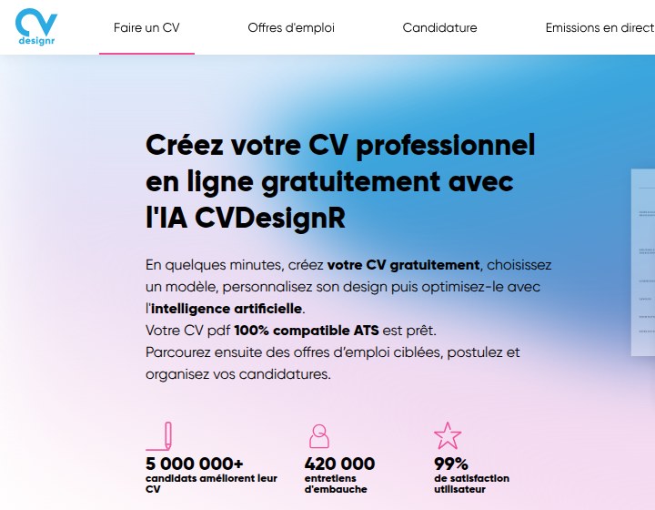 Capture de la page française de CVDesignR, consultée en août 2026