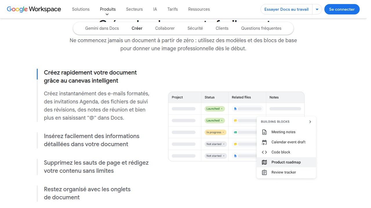 Interface officielle de Google Docs montrant le canevas intelligent, consultée en août 2026