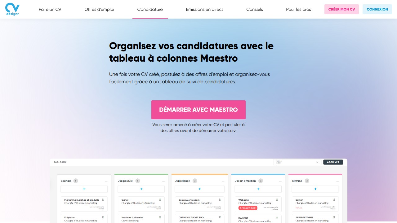 Capture du tableau Maestro de suivi des candidatures de CVDesignR, consultée en août 2026