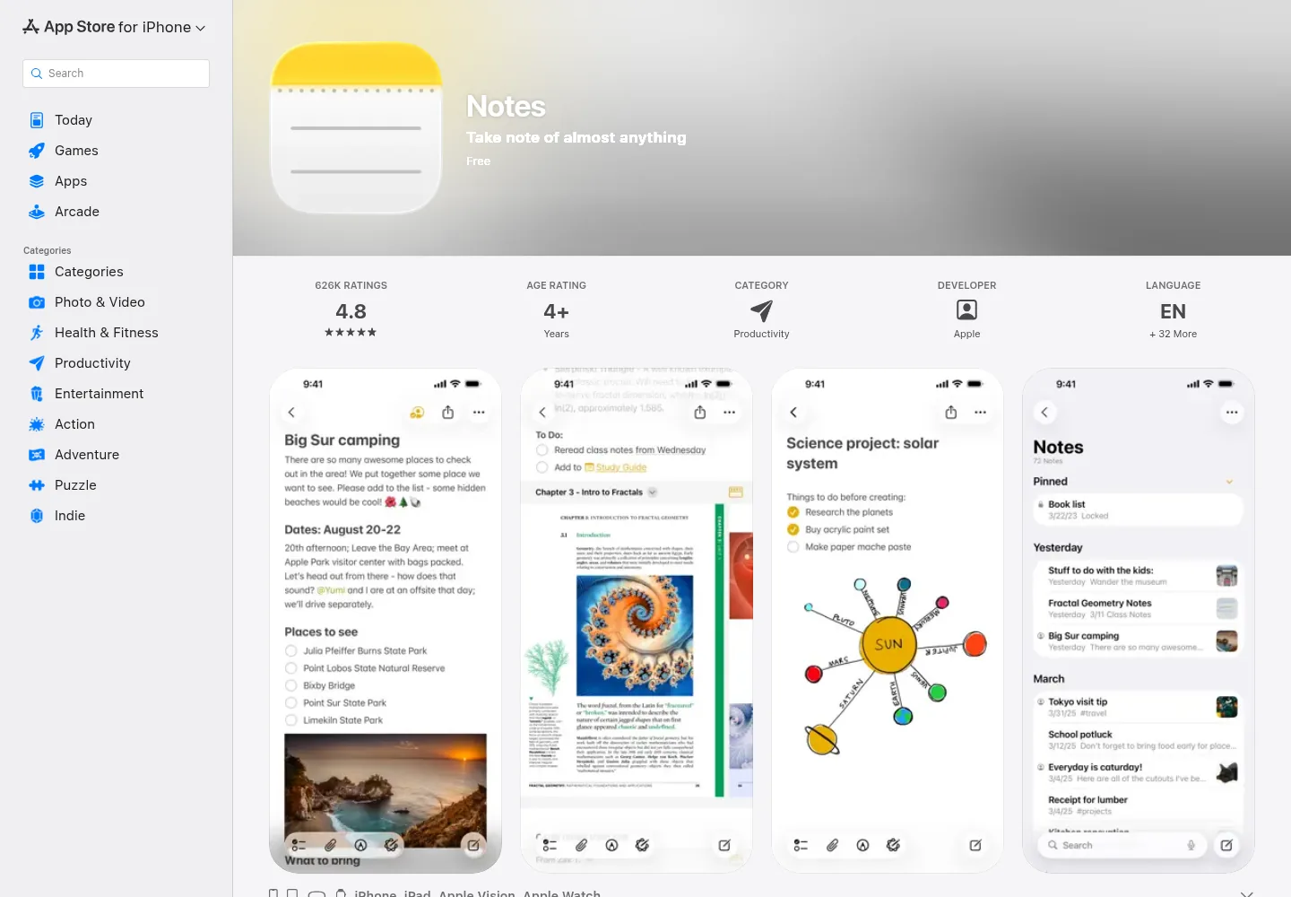 Capture officielle de la fiche App Store d’Apple Notes, août 2026