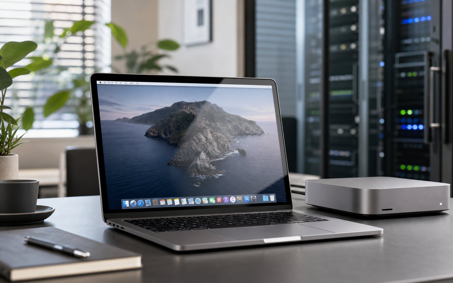 Ordinateur portable affichant macOS avec un Mac cloud et des serveurs en arrière-plan