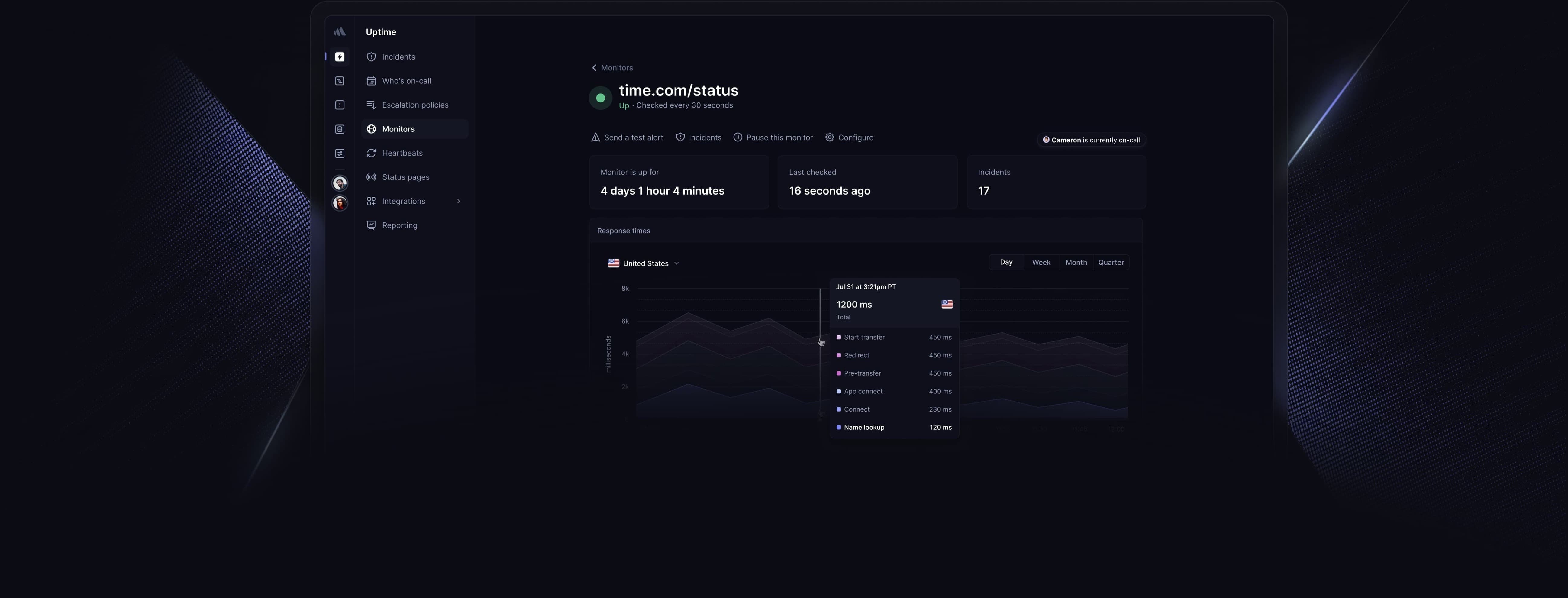 Capture officielle Better Stack Uptime montrant la surveillance et la gestion d’incidents, août 2026
