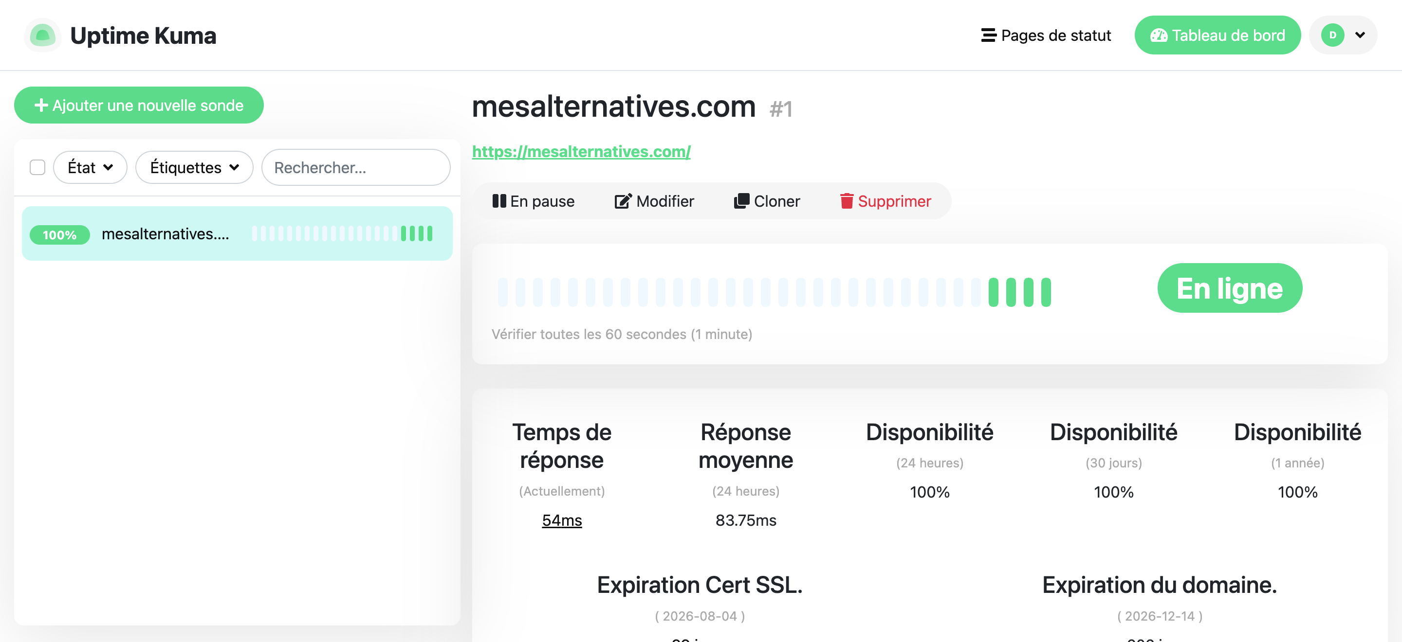 Tableau de bord Uptime Kuma affichant une sonde en ligne pour mesalternatives.com