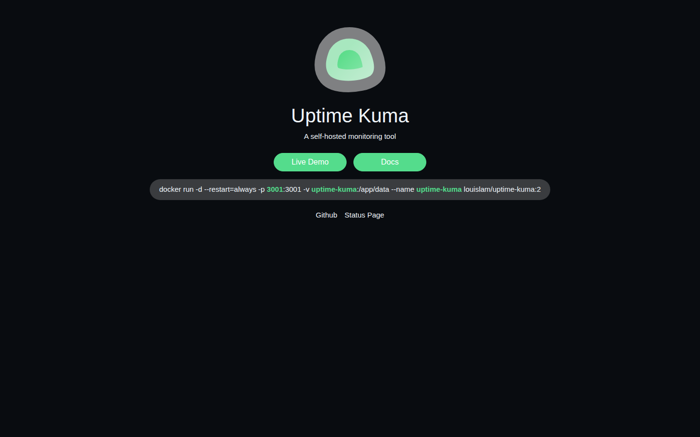 Capture du site officiel Uptime Kuma, août 2026