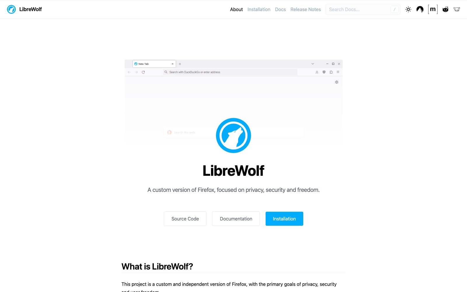 Page d’accueil de LibreWolf