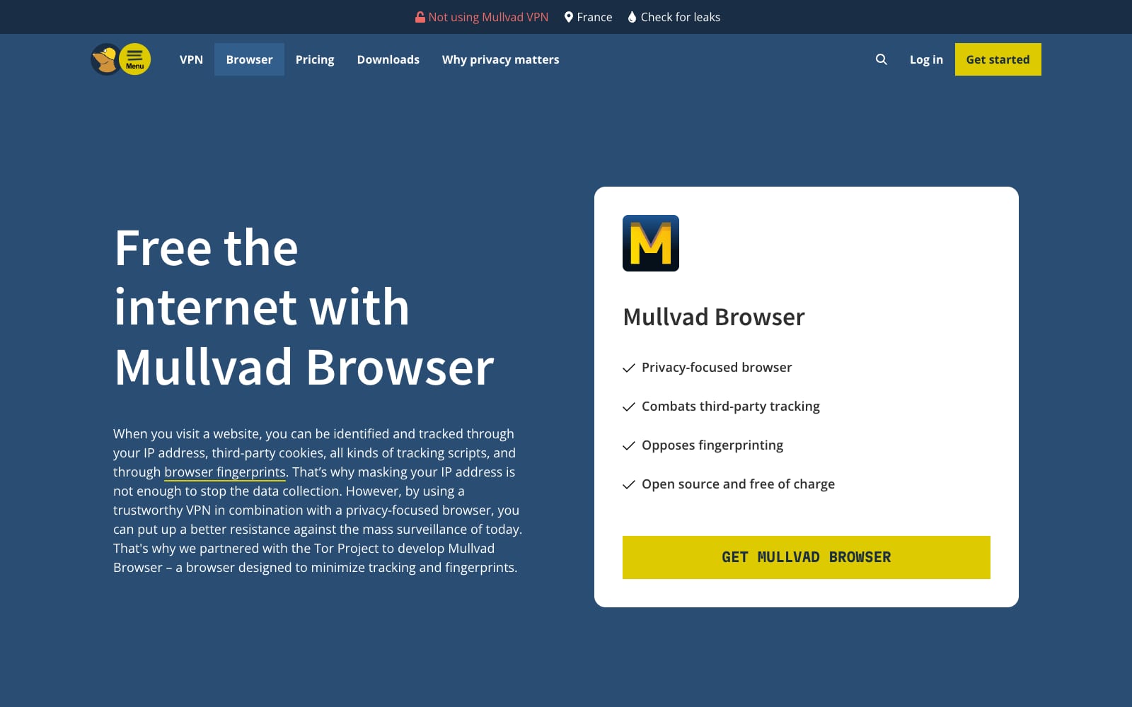 Page de présentation de Mullvad Browser