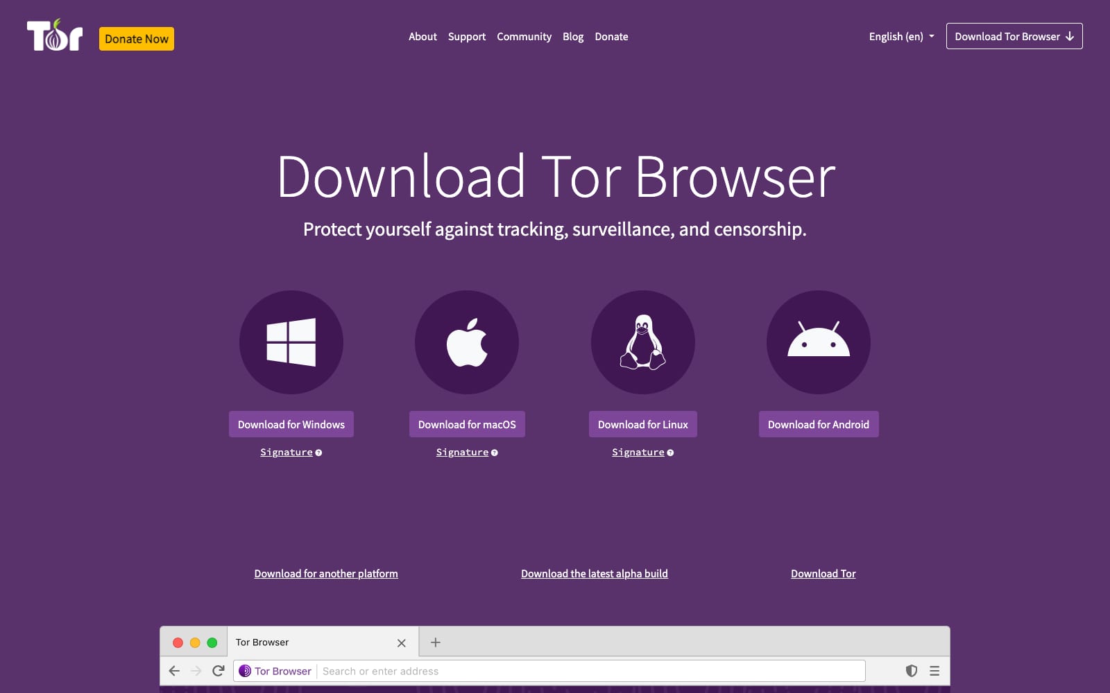 Page de téléchargement de Tor Browser