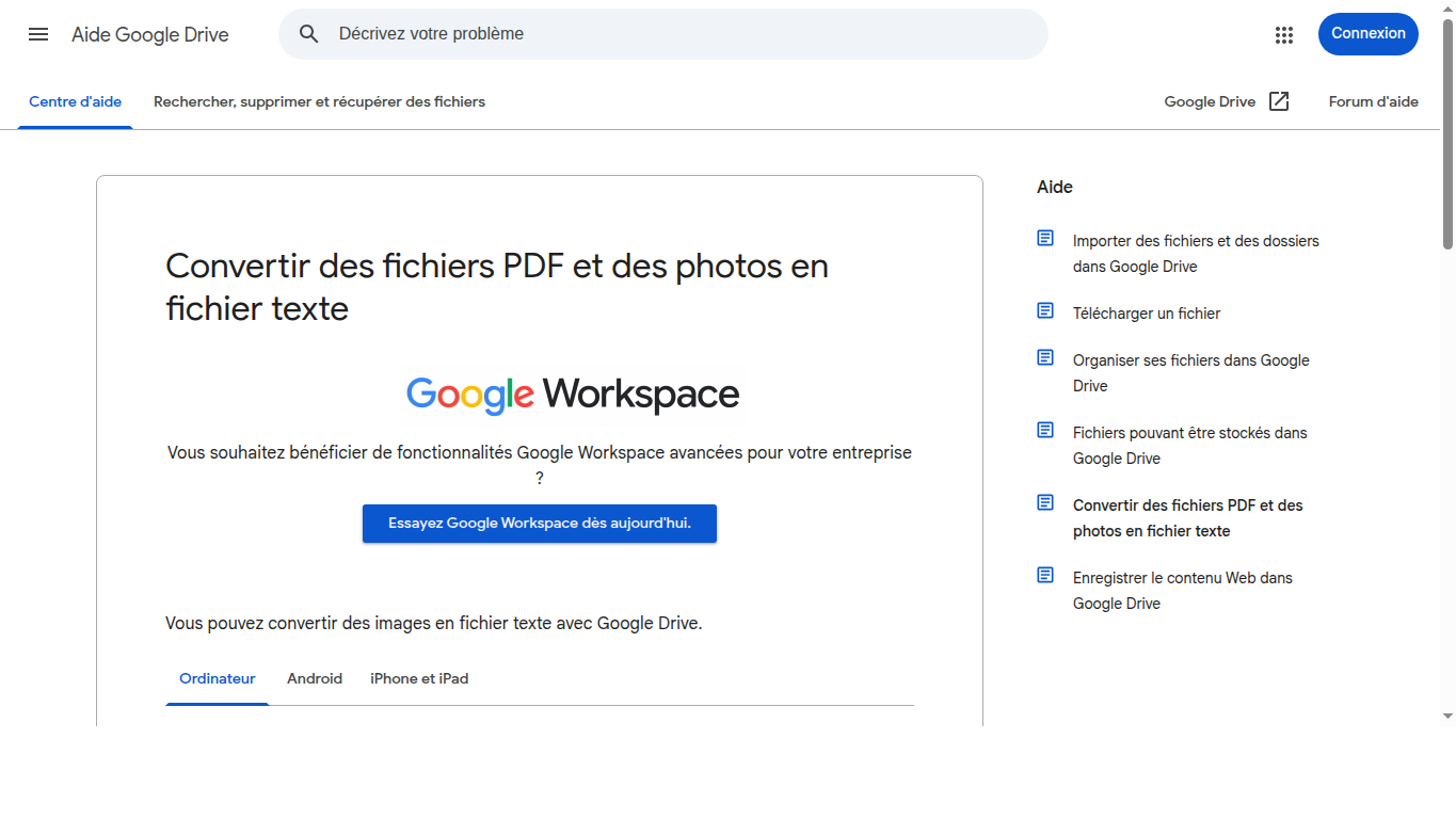 Capture officielle de l’aide Google Drive expliquant la conversion d’images et de PDF en texte