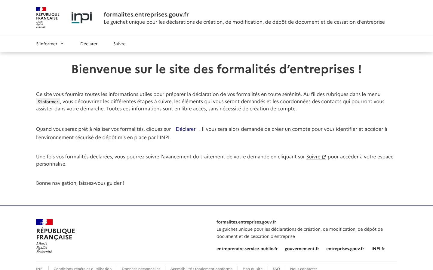 Page d’accueil du guichet unique des formalités d’entreprises, opéré par l’INPI