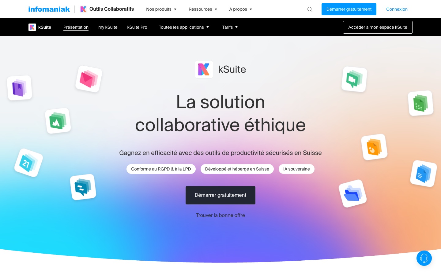 Page de présentation de kSuite, la suite collaborative d’Infomaniak hébergée en Suisse