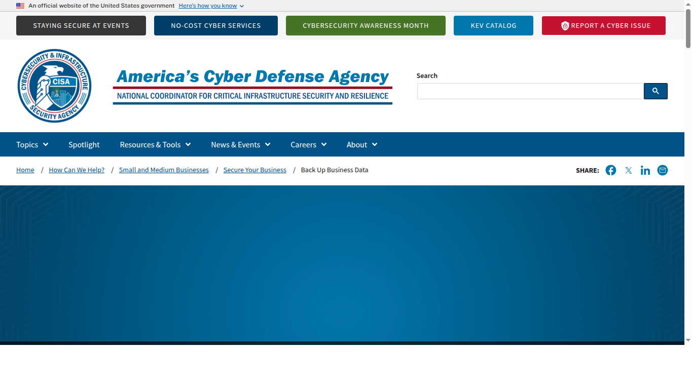 Capture officielle de la page CISA consacrée à la sauvegarde des données d’entreprise