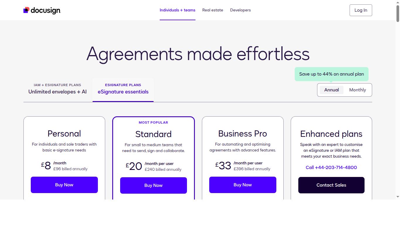 Capture officielle de la page tarifaire DocuSign eSignature avec les offres individuelles et équipes