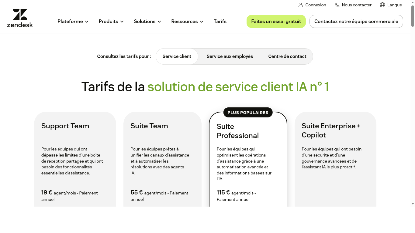 Capture officielle de la page tarifaire Zendesk avec les offres de service client
