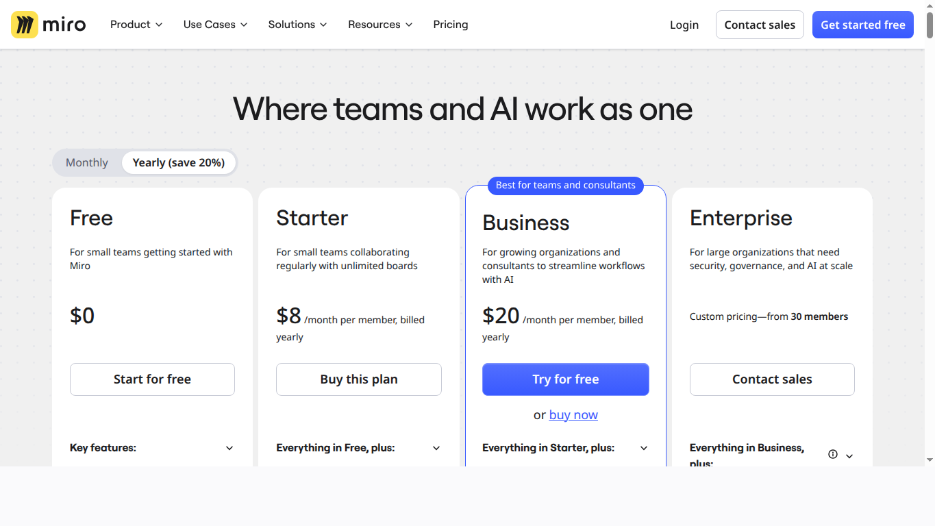 Capture officielle de la page tarifaire Miro avec les plans Free, Starter, Business et Enterprise