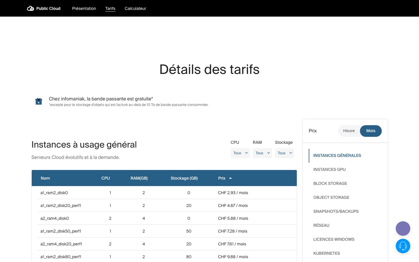 Grille tarifaire des instances Public Cloud d’Infomaniak, avec les prix mensuels par configuration